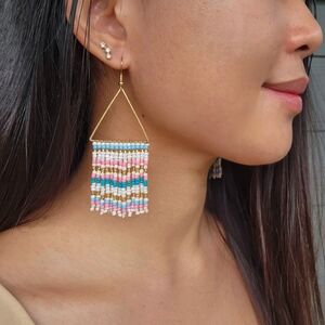 Handmade Stripe Geo Beaded Earrings Fringe Tribal Jewelry Dangle Boho Retro Y2K